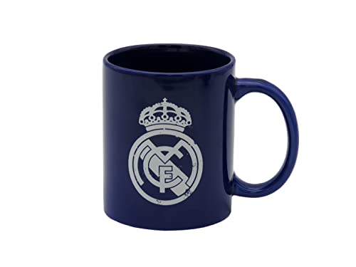 Real Madrid - Taza para Desayuno en Caja, de Cerámica, 300 ml, Color Azul con Escudo en Blanco, Producto Oficial (CyP Brands)