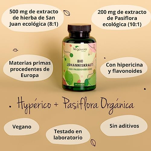 Hipérico 500 mg Vegavero® | Alivia el Estrés y la Ansiedad | 100% Orgánico | Con Pasiflora & Hipericina | Sin Aditivos | Hierba de San Juan | 90 Cápsulas | Vegano
