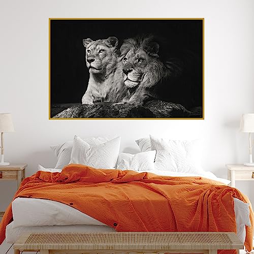 UGZDEA Fotos de lienzo de león, blanco y negro León y Leona póster, sala de estar moderna, dormitorio, decoración del hogar, sin marco(30x60cm,C)
